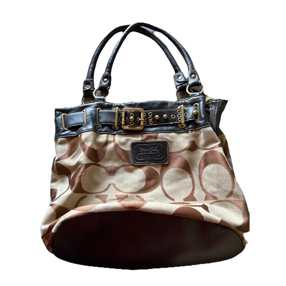 Vintage Coach Large Pocketbook Signature Coach Print Brown Belt Shoulder Bag - Picture 1 of 14